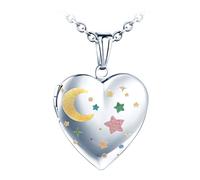 Yumilok Collier Personnalisé - Collier Pendentif Cœur Médaillon en Acier Inoxydable, Collier Gravé Lune et Étoile, Pendentif Ouvrable Photo, avec Chaîne 50cm