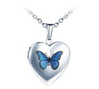 Yumilok Collier Photo Personnalisé, Collier Pendentif cœur Médaillon en Acier Inoxydable, Pendentif papillon ouvrable Photo Locket, avec chaîne 50cm, Collier commémoratif, bleu