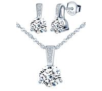 Yumilok Collier zircon et Boucles d'oreilles zircon pour femme et fille, Bijoux parures de diamant en argent 925, Collier solitaire à trois griffes, Clou d'oreille solitaire à trois griffes, argent