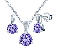 Yumilok Collier zircon et Boucles d'oreilles zircon pour femme et fille, Bijoux parures de diamant en argent 925, Collier solitaire à trois griffes, Clou d'oreille solitaire à trois griffes, violet