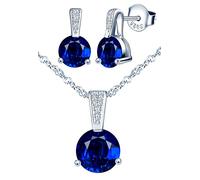 Yumilok Collier zircon et Boucles d'oreilles zircon pour femme et fille, Bijoux parures de diamant en argent 925, Collier solitaire à trois griffes, Clou d'oreille solitaire à trois griffes, bleu
