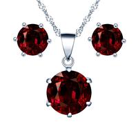 Yumilok Collier zircon et Boucles d'oreilles zircon pour femmes et filles, Bijoux parures de diamant en argent 925, Collier solitaire à six griffes, Clous d'oreilles solitaire à six griffes, rouge