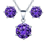 Yumilok Collier zircon et Boucles d'oreilles zircon pour femmes et filles, Bijoux parures de diamant en argent 925, Collier solitaire à six griffes, Clous d'oreilles solitaire à six griffes, violet