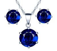 Yumilok Collier zircon et Boucles d'oreilles zircon pour femmes et filles, Bijoux parures de diamant en argent 925, Collier solitaire à six griffes, Clous d'oreilles solitaire à six griffes, bleu