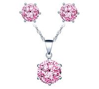 Yumilok Collier zircon et Boucles d'oreilles zircon pour femmes et filles, Bijoux parures de diamant en argent 925, Collier solitaire à six griffes, Clous d'oreilles solitaire à six griffes, rose