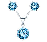Yumilok Collier zircon et Boucles d'oreilles zircon pour femmes et filles, Bijoux parures de diamant en argent 925, Collier solitaire à six griffes, Clous d'oreilles solitaire à six griffes, bleu