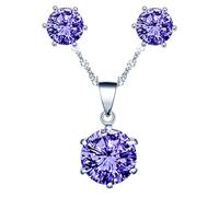 Yumilok Collier zircon et Boucles d'oreilles zircon pour femmes et filles, Bijoux parures de diamant en argent 925, Collier solitaire à six griffes, Clous d'oreilles solitaire à six griffes, violet