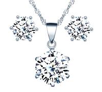 Yumilok Collier zircon et Boucles d'oreilles zircon pour femmes et filles, Bijoux parures de diamant en argent 925, Collier solitaire à six griffes, Clous d'oreilles solitaire à six griffes, argent