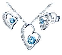 Yumilok Collier zircon pour femmes et filles, Boucles d'oreilles pour femmes et filles, Bijoux parures en argent 925, Pendentif cœur irrégulier élégant, Clou d'oreille cœur brillant, bleu