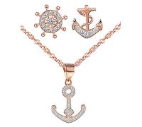 Yumilok Ensemble de bijoux ancre de la mode, collier et boucles d'oreilles femme fille, Collier et boucle d'oreilles en argent 925, pendentif ancre et clous d'oreilles asymétriques, Zircon incrusté