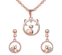 Yumilok Ensemble de bijoux collier et boucles d'oreilles, Collier pendentif chat mignon, boucle d'oreilles de chat en diamant brillant, en argent 925 pour femme fille, Zircon incrusté