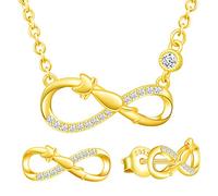 Yumilok Ensemble de bijoux collier et boucles d'oreilles, collier pendentif clous d'oreilles chat mignon et symbole de l'infini en argent 925, bijoux pour femme et fille, zircon incrusté, or