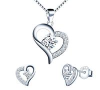 Yumilok Ensemble de Bijoux Collier et Boucles d'oreilles, Collier Pendentif Diamant cœur, Boucle d'oreilles cœur Brillant en Argent 925 pour Femme Fille, Collier et Clou d'oreilles, Zircon incrusté,