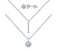 Yumilok Ensemble de bijoux collier et boucles d'oreilles, Collier pendentif diamant en double chaîne, boucle d'oreilles diamant brillant en argent 925 pour femme fille, Zircon incrusté