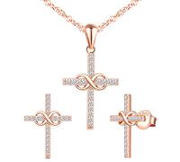 Yumilok Ensemble de bijoux collier et boucles d'oreilles, collier pendentif et clous d'oreilles de croix et symbole d'infini en argent 925, bijoux pour femme et fille, zircon incrusté, or rose