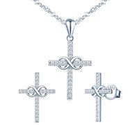 Yumilok Ensemble de bijoux collier et boucles d'oreilles, collier pendentif et clous d'oreilles de croix et symbole d'infini en argent 925, bijoux pour femme et fille, zircon incrusté, argent