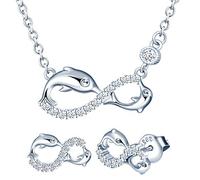 Yumilok Ensemble de bijoux collier et boucles d'oreilles, collier pendentif et clous d'oreilles de dauphin et de symbole de l'infini en argent 925, bijoux pour femme et fille, zircon incrusté, argent
