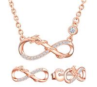 Yumilok Ensemble de bijoux collier et boucles d'oreilles, collier pendentif et clous d'oreilles de dragon et de symbole de l'infini en argent 925, bijoux pour femme et fille, zircon incrusté, or rose