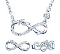 Yumilok Ensemble de bijoux collier et boucles d'oreilles, collier pendentif et clous d'oreilles de dragon et de symbole de l'infini en argent 925, bijoux pour femme et fille, zircon incrusté, argent
