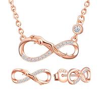 Yumilok Ensemble de bijoux collier et boucles d'oreilles, collier pendentif et clous d'oreilles de léopard et de symbole de l'infini en argent 925, bijoux pour femme et fille, zircon incrusté, or rose