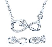 Yumilok Ensemble de bijoux collier et boucles d'oreilles, collier pendentif et clous d'oreilles de trèfle et de symbole de l'infini en argent 925, bijoux pour femme et fille, zircon incrusté, argent