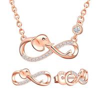 Yumilok Ensemble de bijoux collier et boucles d'oreilles, collier pendentif et clous d'oreilles d'éléphant et de symbole de l'infini en argent 925, bijoux pour femme et fille, zircon incrusté, or rose