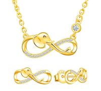 Yumilok Ensemble de bijoux collier et boucles d'oreilles, collier pendentif et clous d'oreilles d'éléphant et de symbole de l'infini en argent 925, bijoux pour femme et fille, zircon incrusté, or