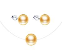 Yumilok Ensemble de bijoux collier et boucles d'oreilles en perles, Collier pendentif et boucle d'oreilles en argent 925 pour femme fille, collier ras du cou clavicule en ligne de pêche, or