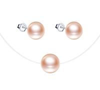 Yumilok Ensemble de bijoux collier et boucles d'oreilles en perles, Collier pendentif et boucle d'oreilles en argent 925 pour femme fille, collier ras du cou clavicule en ligne de pêche, rose