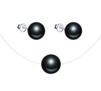 Yumilok Ensemble de bijoux collier et boucles d'oreilles en perles, Collier pendentif et boucle d'oreilles en argent 925 pour femme fille, collier ras du cou clavicule en ligne de pêche, noir