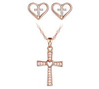 Yumilok Ensemble de bijoux cœur, collier et boucles d'oreilles femme fille, bijoux en argent 925, collier pendentif croix classique, et clou d'oreille cœur élégant, Zircon incrusté, or rose