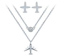 Yumilok Ensemble de bijoux de avion unique, collier et boucles d'oreilles femme fille, Collier et boucle d'oreille en argent 925, collier et clou d'oreille avion mignon, double chaîne, Zircon, argent