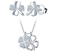 Yumilok Ensemble de bijoux de trèfle, collier et boucles d'oreilles femme fille, Collier et boucle d'oreille en argent 925, collier pendentif et clous d'oreilles trèfle brillant, Zircon, argent