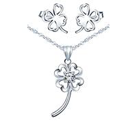 Yumilok Ensemble de bijoux de trèfle joli, collier et boucles d'oreilles femme fille, Collier et boucle d'oreille en argent 925, collier pendentif trèfle et mini clou d'oreille creux, Zircon, argent
