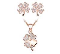 Yumilok Ensemble de bijoux trèfle, collier et boucles d'oreilles femme fille, Collier pendentif et boucle d'oreille en argent 925, collier trèfle élégant et clou d'oreille trèfle, Zircon, or rose