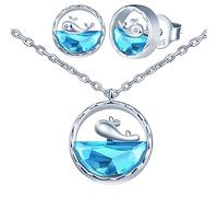 Yumilok Femmes Filles Collier et Boucles d'oreilles de Baleine en Argent 925 Pendentif Cristal Mignon Clous d'oreilles Créatif Serti de Cristal Parures de Bijoux Fantaisie de Mariage Elégant