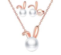 Yumilok Femmes Filles Collier et Boucles d'oreilles de Perle en Argent 925 Pendentif de Lapin Mignon Clous d'oreilles de Lapin Parures de Bijoux Fantaisie de Mariage Elégant, Or rose