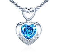 Yumilok Femmes Filles Collier Pendentif Cœur en Argent 925 Pendentif de Cœur Serti de Zircon Bleu Brillant Design Unique Collier Diamant Elégant de Mariage