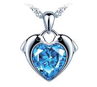 Yumilok Femmes Filles Collier Pendentif Cœur en Argent 925 Pendentif de Dauphin Serti de Zircon Bleu Brillant Collier Diamant Elégant de Mariage Bijoux Fantaisie