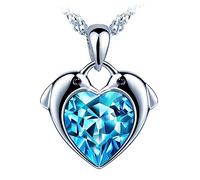 Yumilok Femmes Filles Collier Pendentif Cœur en Argent 925 Pendentif de Dauphin Serti de Zircon Bleu Océan Brillant Collier Diamant Elégant de Mariage Bijoux Fantaisie