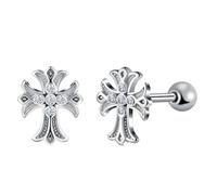 Yumilok Hommes Boucles d'oreilles Croix en Acier Inoxydable: Argent Clous d'oreilles de Croix Pâques - Zircon Boucle d'oreille Piercing à Vis - Bijoux Quotidiennes Fantaisie Décoration