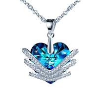 Yumilok Jewelry Collier de saphir Pendentif en argent 925 et cristal Le cœur brillant et les zircons Cadeau Noël Anniversaire pour femme fille