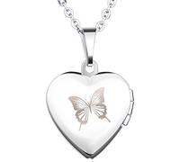 Yumilok Médaillon photo papillon en acier inoxydable à ouvrir - Amulette argentée rose/bleu - Pendentif en forme de cœur pour femme et fille, Acier inoxydable, Pas de gemme