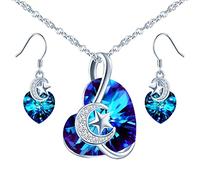 Yumilok Parure en Cristal pour Femme Fille - Collier et Boucles d'Oreilles Cœur Bleu en Argent 925, Décorés avec Étoile et Lune, Zircon