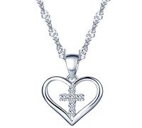 Yumilok pendentif collier en 925 argent et zircon cubique le cœur ciselé et la croix brillante pour femme fille couleur d'argent