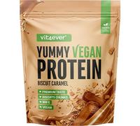 Yummy Vegan Protein Biscuit Caramel avec morceaux - Shake protéiné végétal avec 24,1 g de protéines par portion à base d’isolat de fève avec BCAA et acides aminés - 908 g