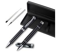 YUN CHUN Lot de 2 stylos à bille et roller de luxe en fibre de carbone - Pointe moyenne - Encre noire liquide - Avec 2 recharges supplémentaires - Stylo à bille rétractable pour écrire - Cadeau idéal