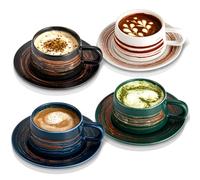 YUN TAO Lot de 4 Tasses a Cafe en Ceramique 236 ml avec Soucoupes Style Italien Traditionnel Grande Poignee Pour Cappuccino Espresso Lait et The Ideales pour la Maison et le Cafe