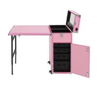 yunaoii Mallette à maquillage portable rose avec table | Chariot cosmétique avec 4 tiroirs, capacité de charge de 50 kg, avec tiroirs, 4 roulettes, freins, haut-parleur Bluetooth