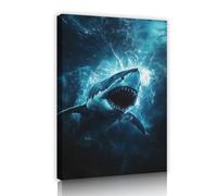 YUNART Tirages sur toile à thème océan bleu Peinture murale de requin blanc à bouche ouverte Image sur toile Photos d’animaux pour la Décor intérieure 65x100cm